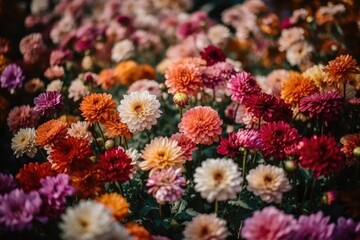 Fototapeta na wymiar Blooming colorful dahlia flowers in summer garden. Generative AI