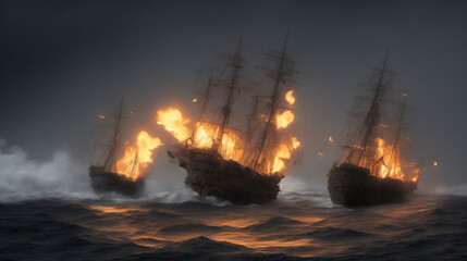 Obraz premium Battle of pirate ships in a storm, generative AI
