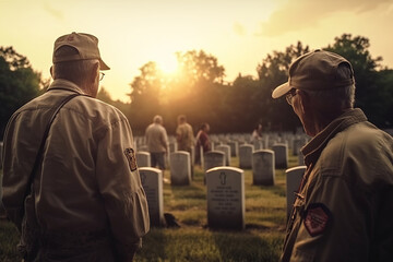 Veterans stands near graves of American heroes, sunlight, Memorial Day, Independence day, US National flag, AI Generative. - obrazy, fototapety, plakaty