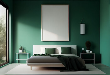 illustration of stylish modern green and white bedroom with cozy bed and empty frame on wall. AI