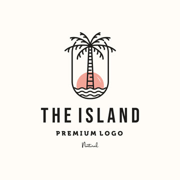 palm tree sunset line art logo vector minimalist illustration design, tropical in the island logo design
