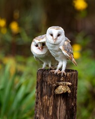 Vertical closeup shot of two Barn owls sitting on a stump of a tree and looking at the camera