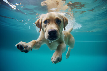 Underwater funny photo ofGolden labrador retriever puppy in swimming pool play with fun - jumping diving deep down, Actions training games with family pets and popular dog breeds on summer vacation - obrazy, fototapety, plakaty