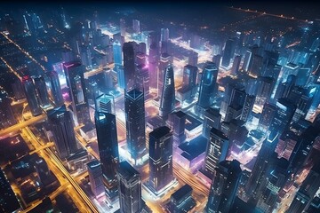 A mesmerizing aerial view of a sprawling cityscape at night, with dazzling lights and illuminated skyscrapers creating a captivating display of urban energy.
