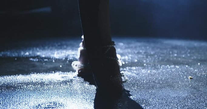 Woman Walking On Wet Street At Night In High Heels Slow Motion