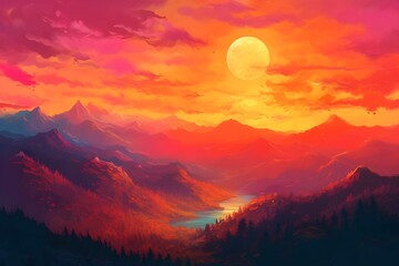 A breathtaking sunset over a serene mountain range, painting the sky in hues of gold and pink, casting a warm glow over the landscape.