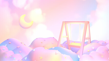 3d rendered cartoon beautiful cloudscape with moon and swing.