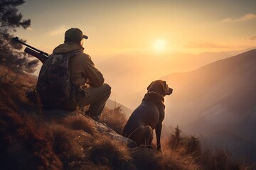 Ein Jäger mit seinem Hund auf der Hut.