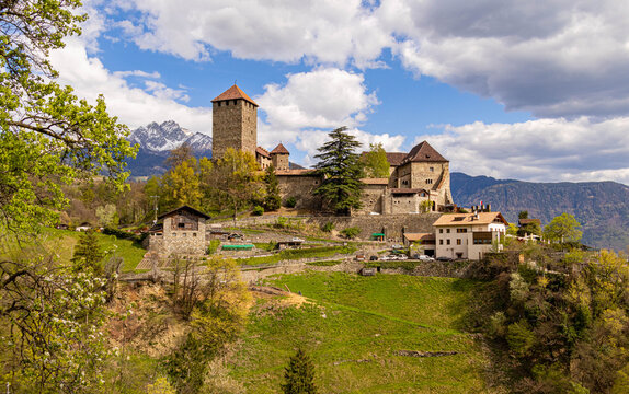 View to Tyrol castle at Dorf Tirol, South tyrol, Italy seen from hiking trail