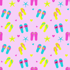 Summer Seamless pattern with Flip flops and starfish. Vector illustration of summer slipper. Cute shoes collection	