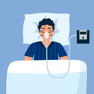 Man with sleep apnea syndrome wearing cpap machine in flat design.