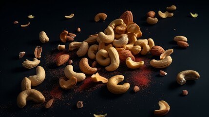 cashews scattered on a black background, highlighting their textures and colors