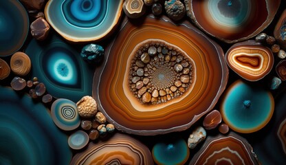 Generative AI, natural volcanic agate stones close-up turquoise, brown and orange texture. Wallpaper background, quartz marble, decorative rock pattern. - obrazy, fototapety, plakaty