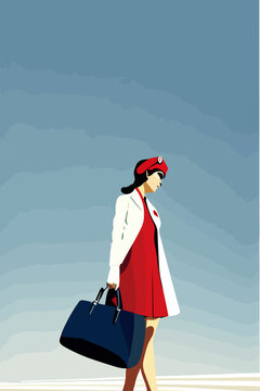 Beautyful face of a woman stewardess flight attendant air hostess in vector illustration with hatl long hair