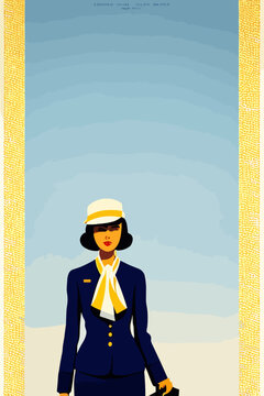 Beautyful face of a woman stewardess flight attendant air hostess in vector illustration with hatl long hair