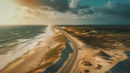 Fototapeta na wymiar Aerial view of the sandy beach and road Generative AI