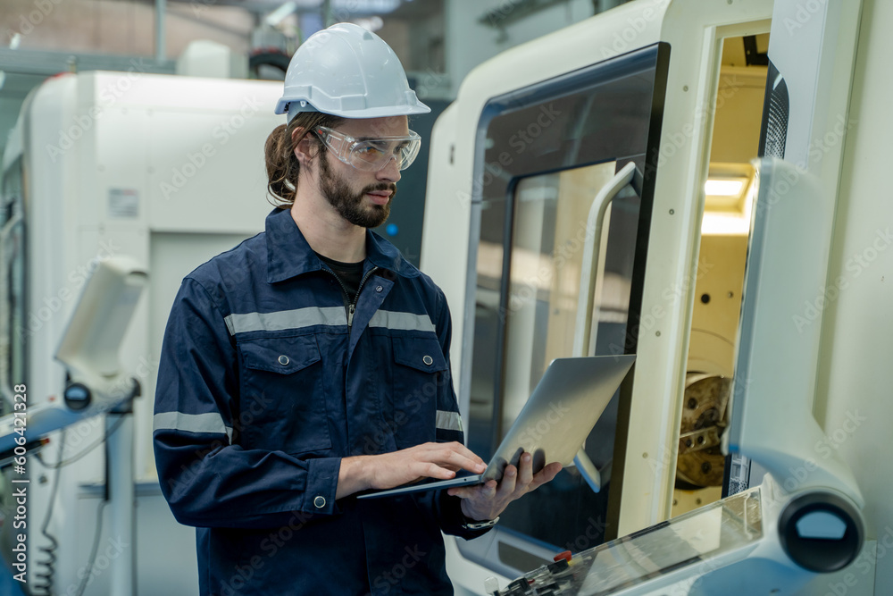 Poster Engineer use digital tablet controller in factory,Optimizing CNC Machinery Programming Machine for Increasing Production Line Efficiency.