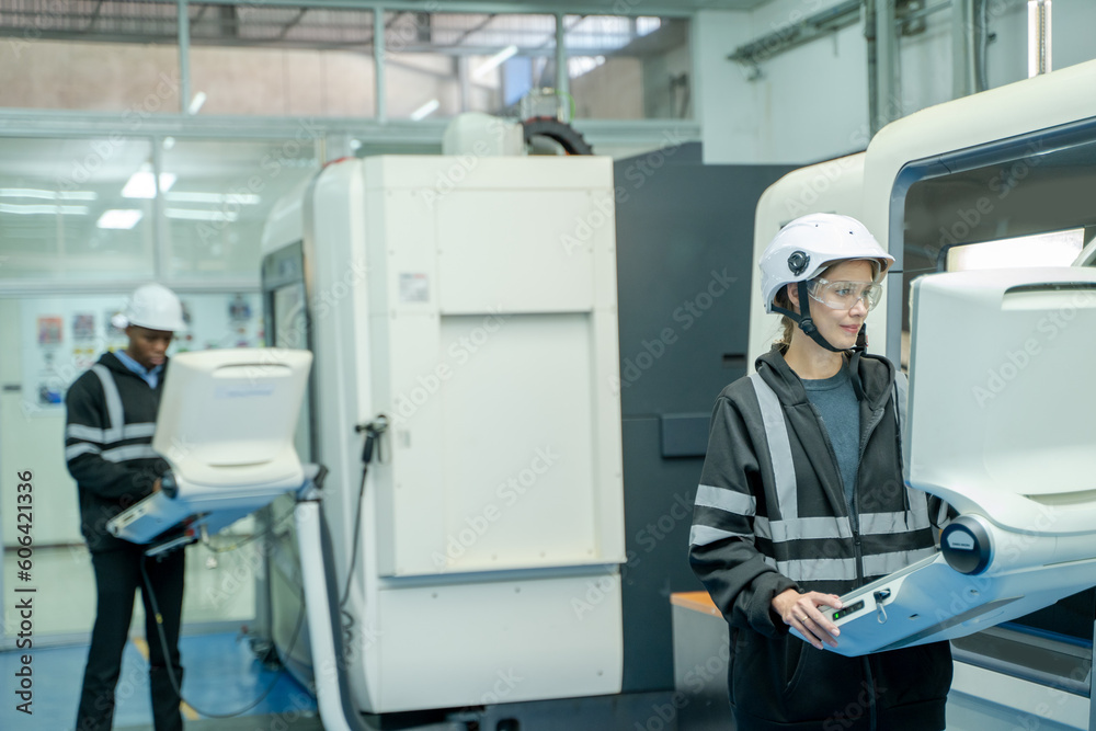 Leinwandbilder engineer are controller with cnc machine in smart factory,programming machine for productivity.