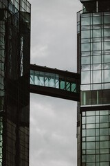 Plakat Vertical shot of glass buildings connected with a bridge