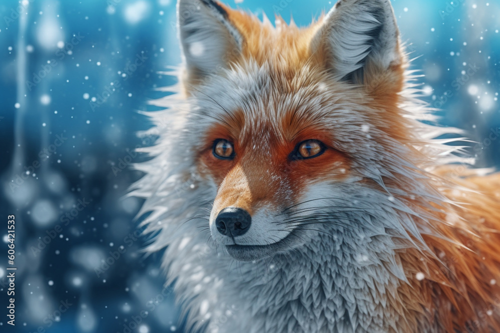 Poster n abstract representation of a frozen fox, with its fur adorned in icy patterns,  Generative AI technology.