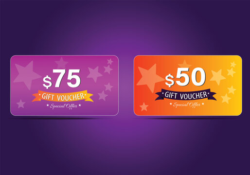 Gift voucher template in two color variants. 75 and 500 dollars vouchers. Vector illustration.