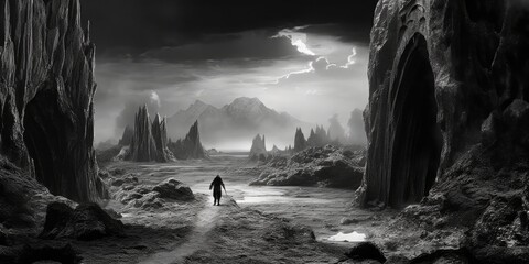 On the road to Mordor. Black and white illustration. In J. R. R. Tolkien's fictional world of Middle-earth, Mordor is the kingdom and base of the evil Sauron. Generative AI. - obrazy, fototapety, plakaty