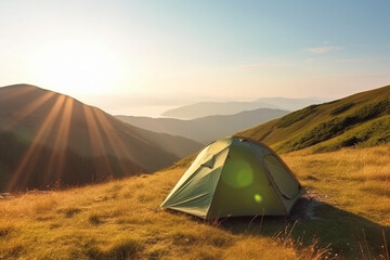 Tourist camping tent on mountain campsite at bright sunny evening, Active tourism and hiking concept