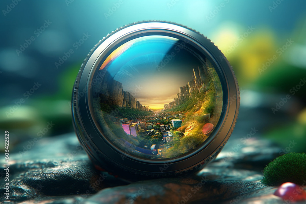 Aufkleber a reflective photograph of a camera lens capturing the surrounding environment, reflecting the beaut