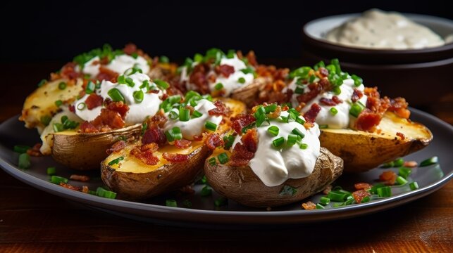 plate of baked potatoes topped with sour cream, chives, and bacon bits