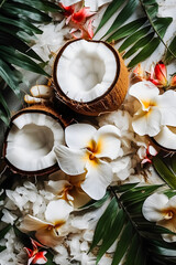 Fototapeta na wymiar Island Escape: Serene Summer Aesthetic with Coconut Slices, Leaves, and Flowers