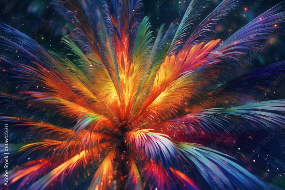 Poster A digital manipulation of abstract palm fronds infused with celestial elements such as stars or galaxies, symbolizing the cosmic connection between nature and the universe.   Generative AI technology.