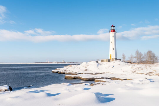 Snowy view of Povorotny lighthouse Vikhrevoi island Gulf of Finland Vyborg bay Leningrad oblast Russia winter sunny day with a blue sky lighthouses of Russia travel