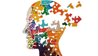 Human head profile and jigsaw puzzle, cognitive psychology or psychotherapy concept, mental health, brain problem, personality disorder, vector line design, Created using generative AI tools. png