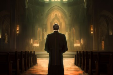 Priest man church sunset. Generate Ai