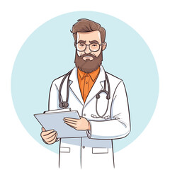 Fototapeta premium Doctor holding a clipboard, Young cartoon doctor with vector illustration, Medical concept