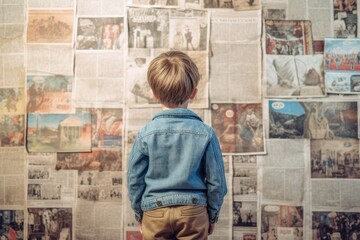 Child boy printed newspapers. Generate Ai
