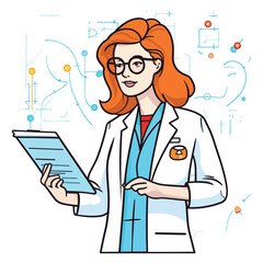 Woman doctor holding a clipboard, Young cartoon doctor with vector illustration, Medical concept