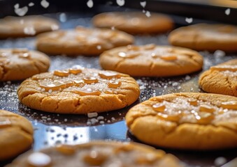 peanut butter cookies sprinkled with sugar on a baking sheet