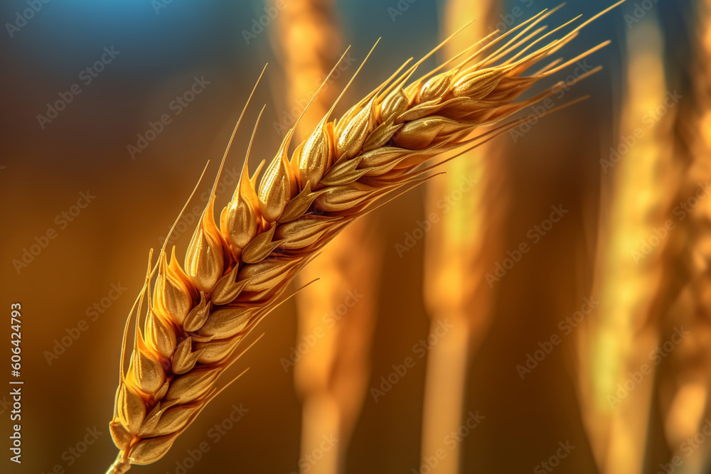 Aufkleber  A close-up image of a single wheat ear against a blurred background, highlighting the delicate structure and texture of the grain. Generative AI technology.
