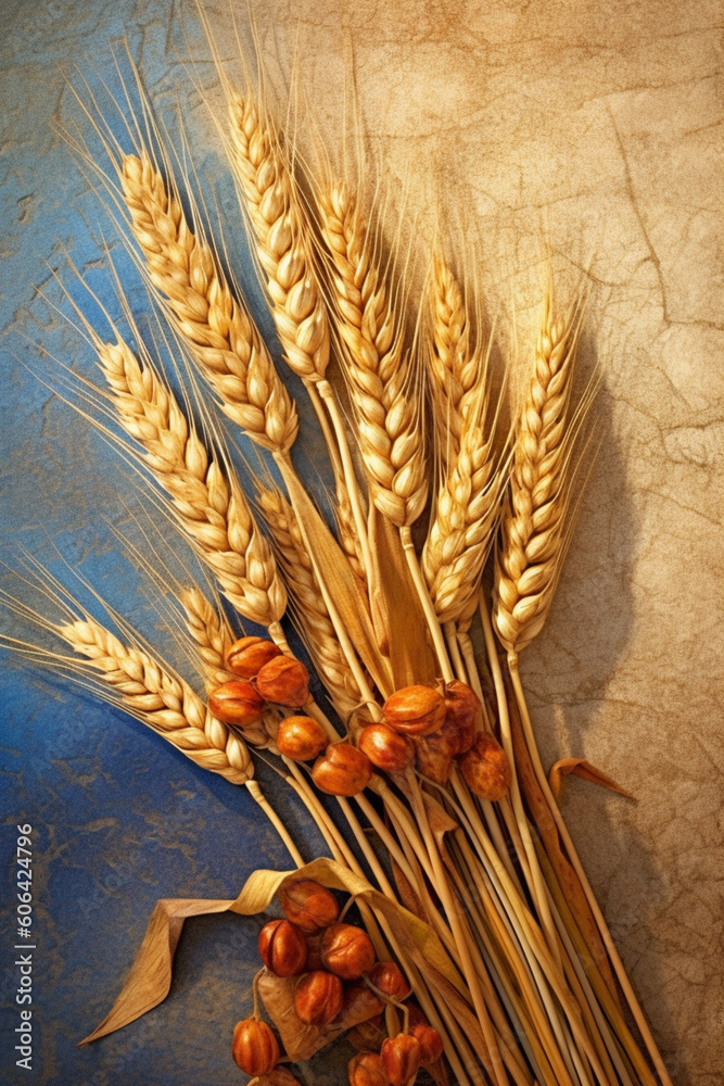 Poster an artistic illustration of wheat ears against a textured background, showcasing the intricate detai