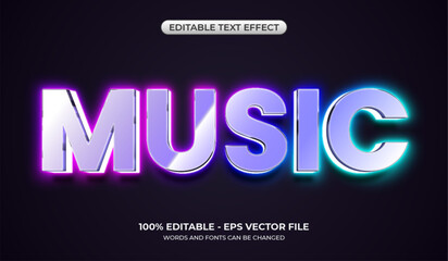 Futuristic music text effect with gradient light. Editable glossy metallic text effect with a glowing neon rainbow behind it