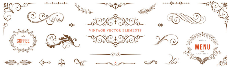 Universal scroll elements and ornate vintage frames. Classic calligraphy swirls, floral motifs. Good for greeting cards, wedding invitations, restaurant menu and other graphic design. - 606424995