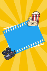 Modern Cinema Background with place for text. Film frames with popcorn box, ticket, camcorder. Design flyer or poster, banner, brochure, poster, presentation. Movie art template for cinema festival