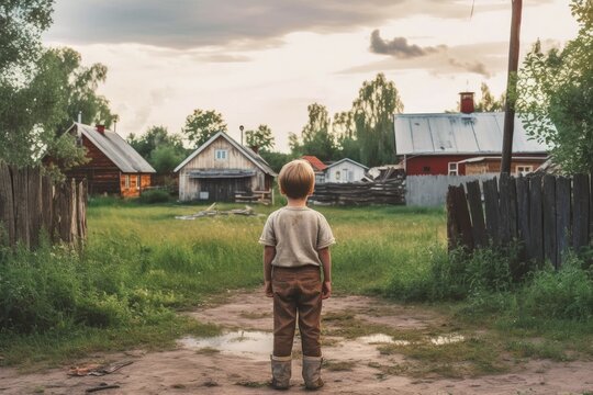 Russian child boy old village. Generate Ai