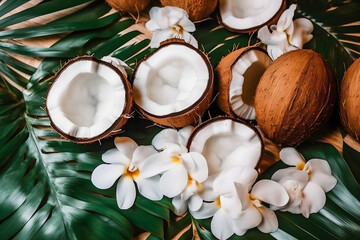 Fototapeta na wymiar Tropical Delight: Coconut Slices with Leaves and Flowers for Summer Aesthetic