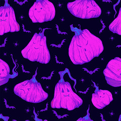 Funny Halloween seamless pattern with cute funny pumpkins and bats, spiders. Decorative celebration cartoon texture for design wrapper, wallpaper, fabric, party.