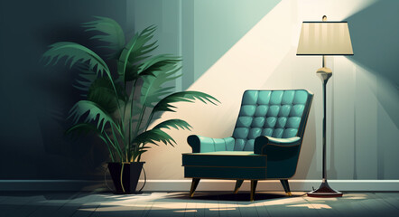 Fototapeta na wymiar Tranquil Hideaway: Serene Turquoise Room featuring a Cozy Chair and Plant, Generative AI