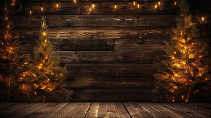 Christmas warm gold garland lights over dark background, ai generative