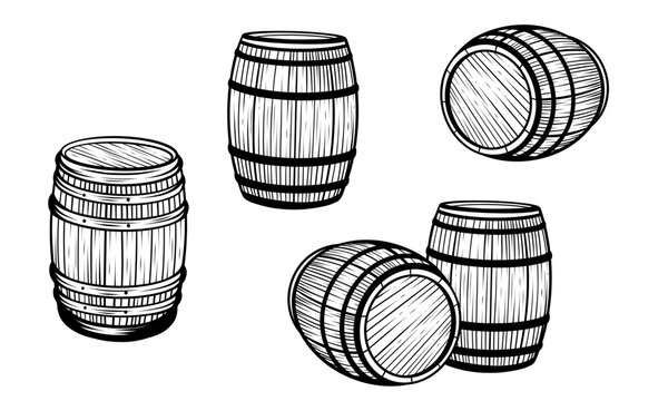 Set of wooden barrels of wine hand drawn vector illustration