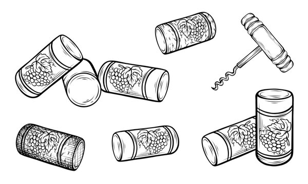 Set of hand drawn wine corks bottle opener vector illustration